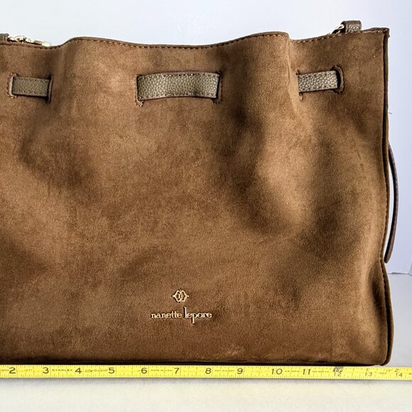 Nanette Lepore Brown Suede Tote Leather Trim Gold Hardware - Picture 7 of 9
